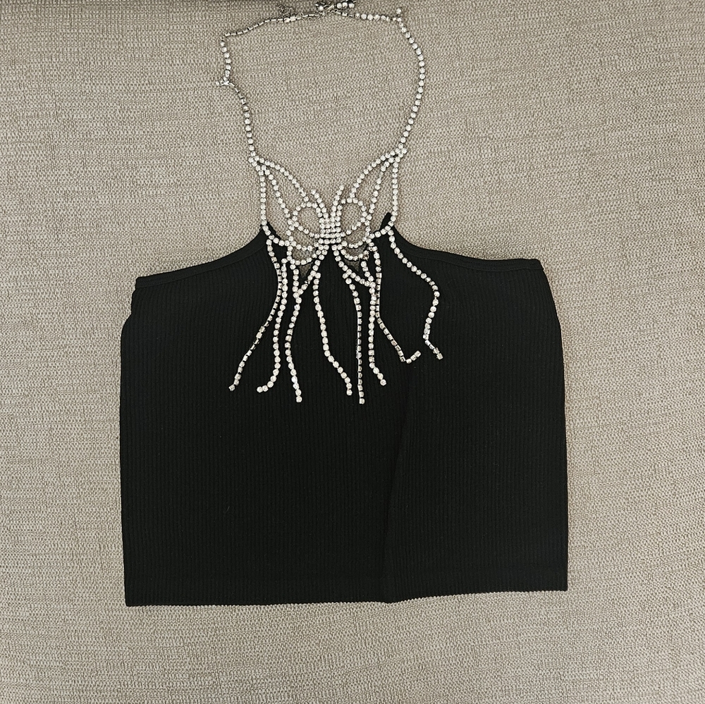 Black Zara Top with Beaded Neckline